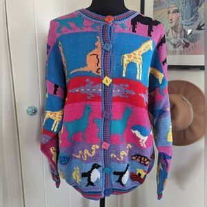 VTG Grannycore Christine Foley Noah’s Ark Cardigan Sweater Animals Circus 2